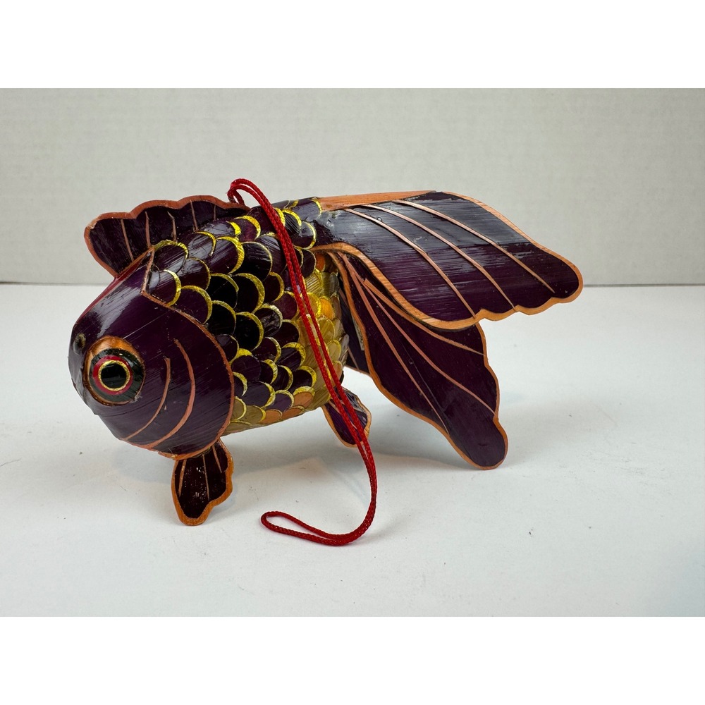 Vintage Chinese Folk Art Goldfish Lantern Purple Gold Straw Ornament Decor 4.5"
